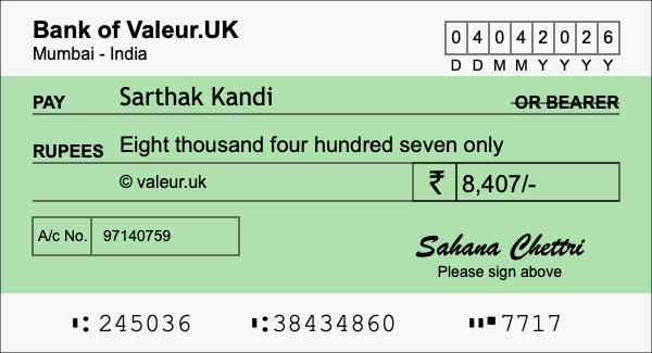How to write a cheque for 8,407 rupees