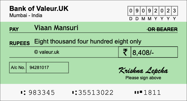How to write a cheque for 8,408 rupees