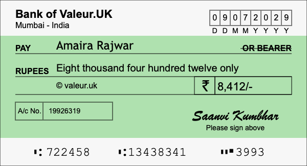 How to write a cheque for 8,412 rupees