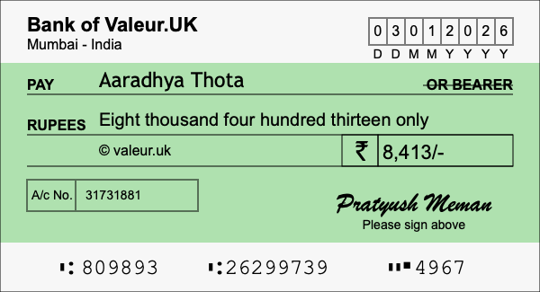 How to write a cheque for 8,413 rupees