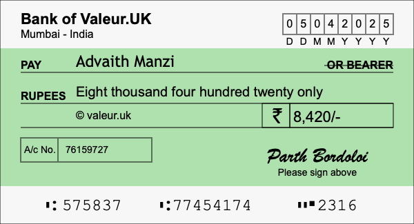 How to write a cheque for 8,420 rupees