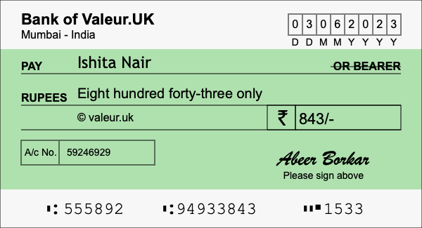 How to write a cheque for 843 rupees