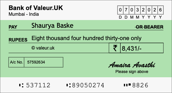 How to write a cheque for 8,431 rupees
