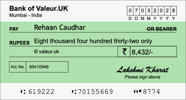 How to write a cheque for 8,432 rupees