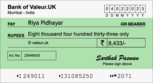 How to write a cheque for 8,433 rupees