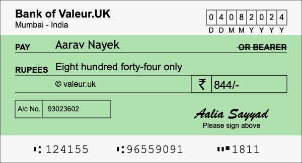 How to write a cheque for 844 rupees