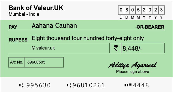 How to write a cheque for 8,448 rupees