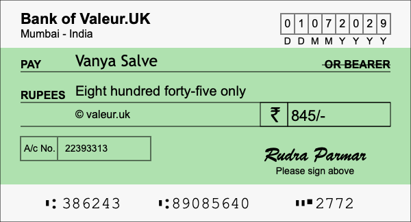 How to write a cheque for 845 rupees