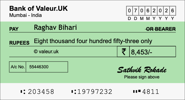 How to write a cheque for 8,453 rupees