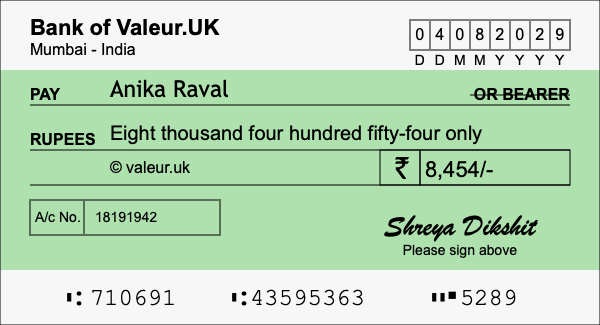 How to write a cheque for 8,454 rupees