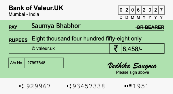 How to write a cheque for 8,458 rupees