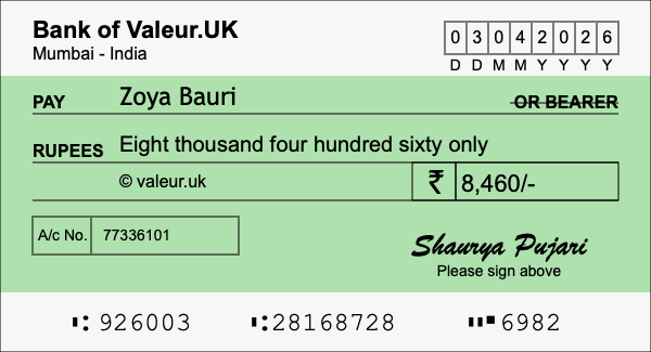 How to write a cheque for 8,460 rupees