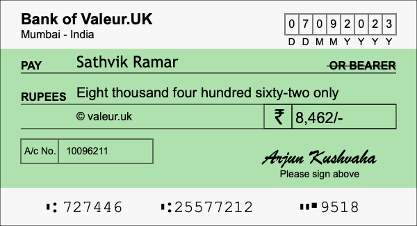 How to write a cheque for 8,462 rupees