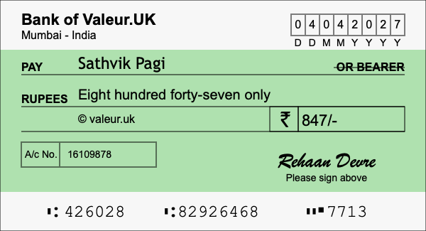 How to write a cheque for 847 rupees How to write a cheque for 847 rupees