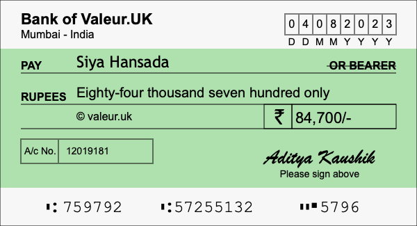 How to write a cheque for 84,700 rupees