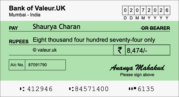 How to write a cheque for 8,474 rupees