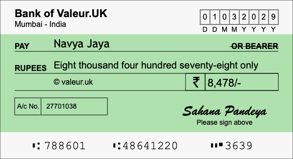 How to write a cheque for 8,478 rupees