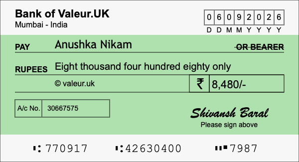 How to write a cheque for 8,480 rupees