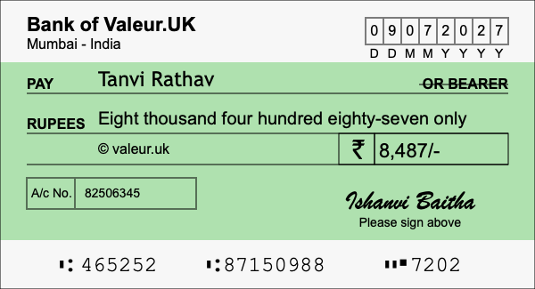 How to write a cheque for 8,487 rupees