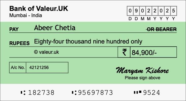 How to write a cheque for 84,900 rupees