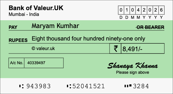 How to write a cheque for 8,491 rupees