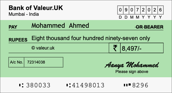 How to write a cheque for 8,497 rupees