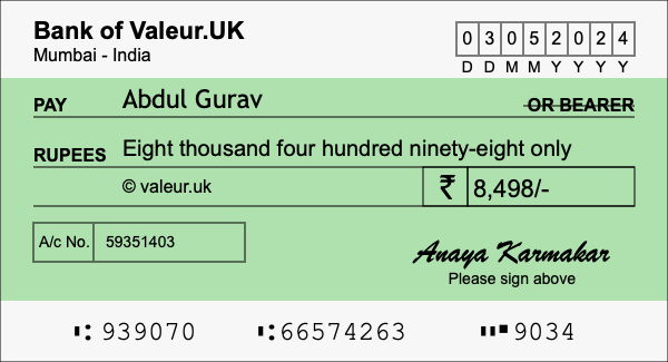 How to write a cheque for 8,498 rupees
