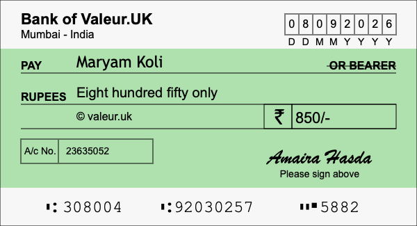 How to write a cheque for 850 rupees