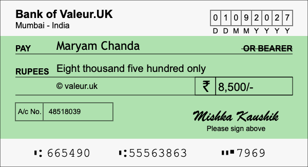 How to write a cheque for 8,500 rupees
