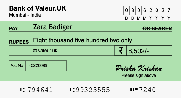 How to write a cheque for 8,502 rupees