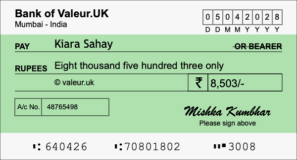 How to write a cheque for 8,503 rupees