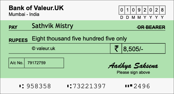 How to write a cheque for 8,505 rupees