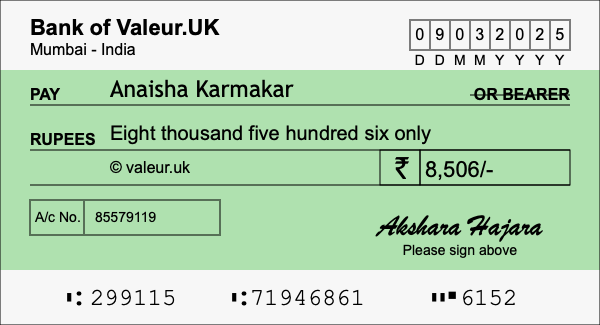 How to write a cheque for 8,506 rupees
