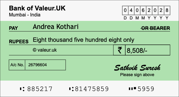 How to write a cheque for 8,508 rupees
