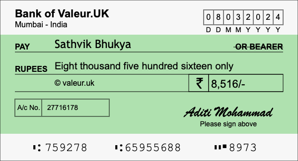 How to write a cheque for 8,516 rupees
