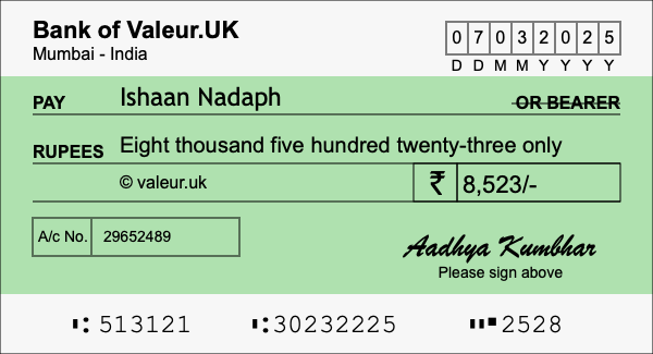 How to write a cheque for 8,523 rupees