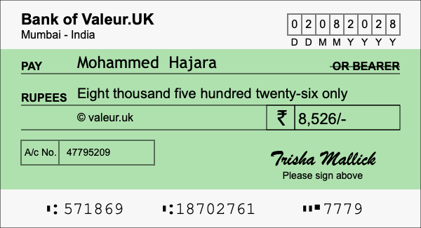 How to write a cheque for 8,526 rupees