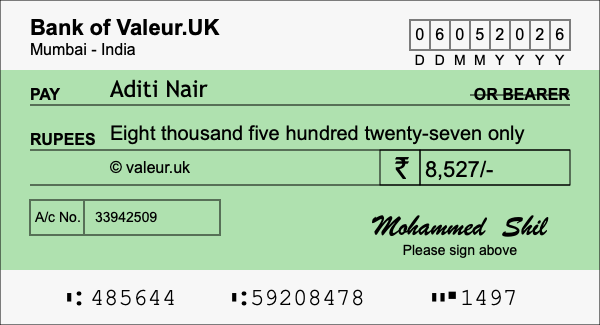 How to write a cheque for 8,527 rupees