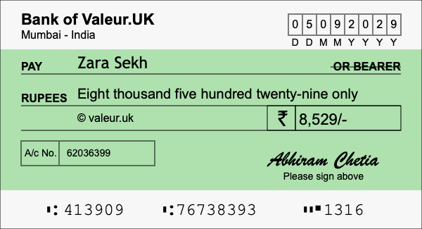 How to write a cheque for 8,529 rupees