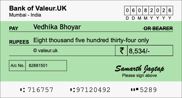 How to write a cheque for 8,534 rupees