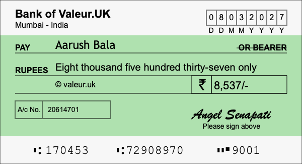 How to write a cheque for 8,537 rupees