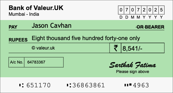 How to write a cheque for 8,541 rupees