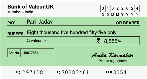 How to write a cheque for 8,555 rupees