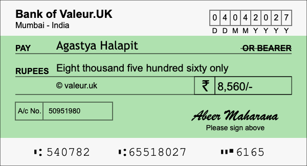 How to write a cheque for 8,560 rupees