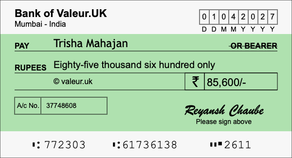 How to write a cheque for 85,600 rupees How to write a cheque for 85,600 rupees