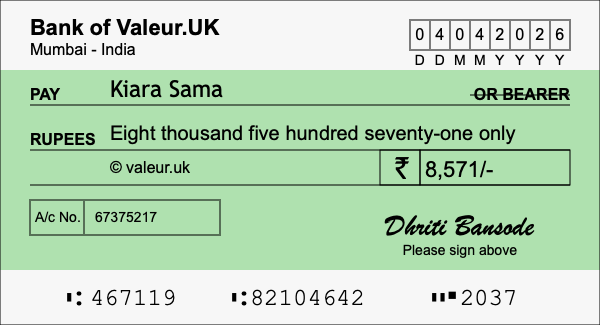 How to write a cheque for 8,571 rupees