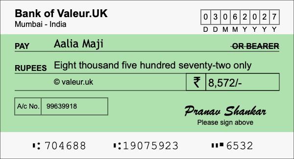 How to write a cheque for 8,572 rupees
