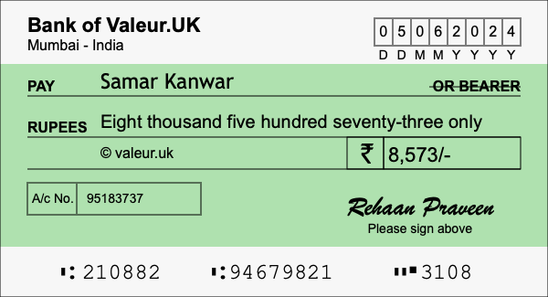 How to write a cheque for 8,573 rupees