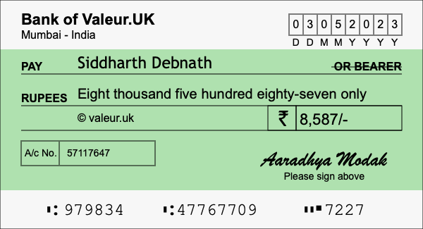 How to write a cheque for 8,587 rupees