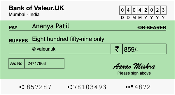 How to write a cheque for 859 rupees